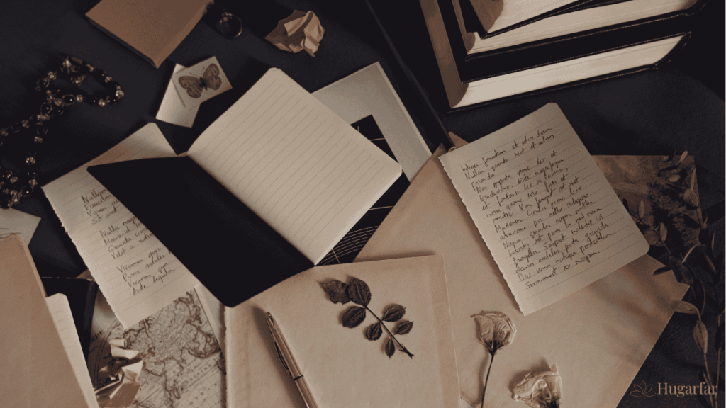 Stílabækur og bréf í hrúgu